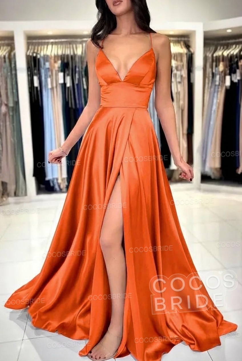 Simple Long A-line V-neck Satin Backless Formal Prom Dresses with Slit