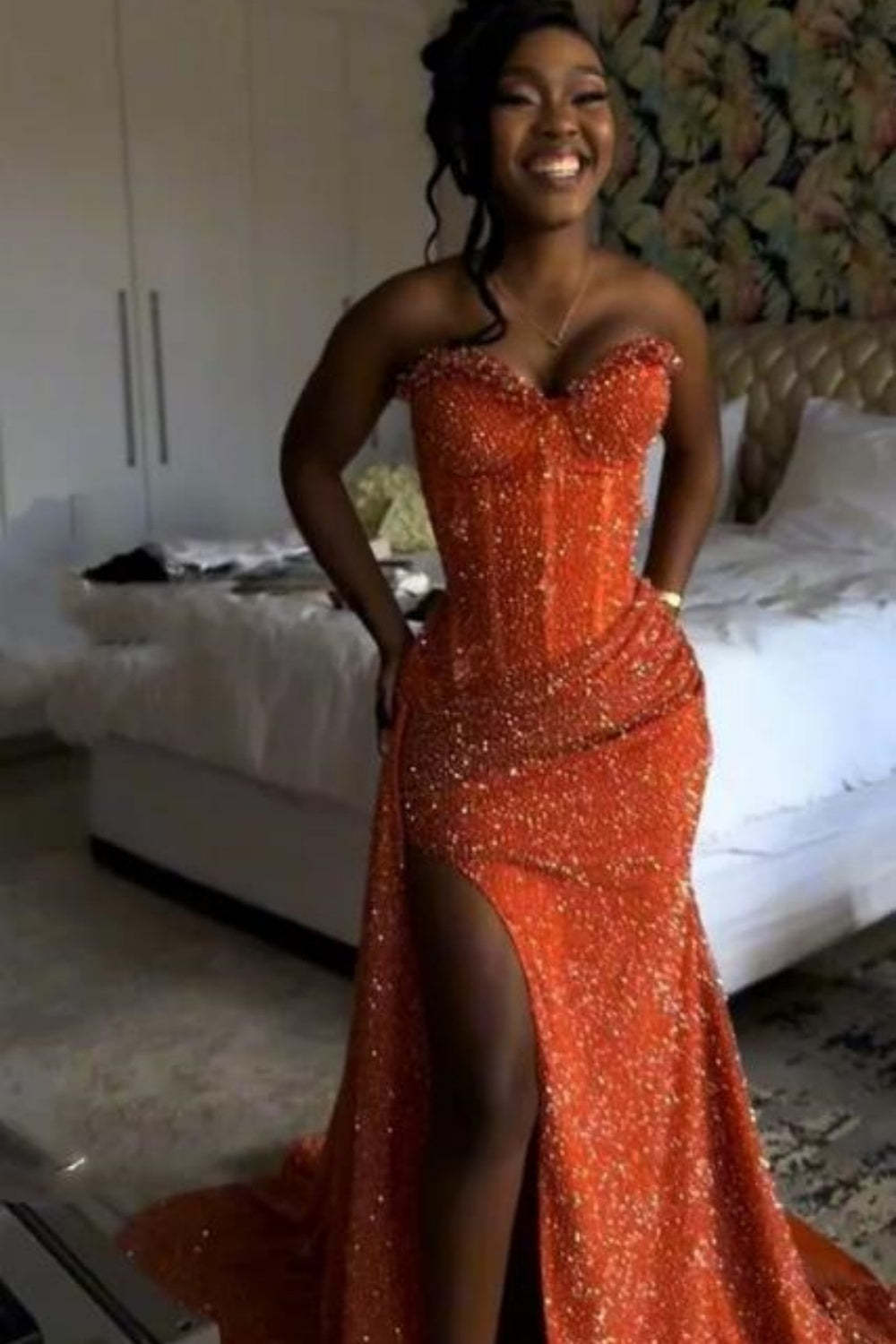Cocosbride Orange Sweetheart Long Mermaid Prom Dress with High Slit