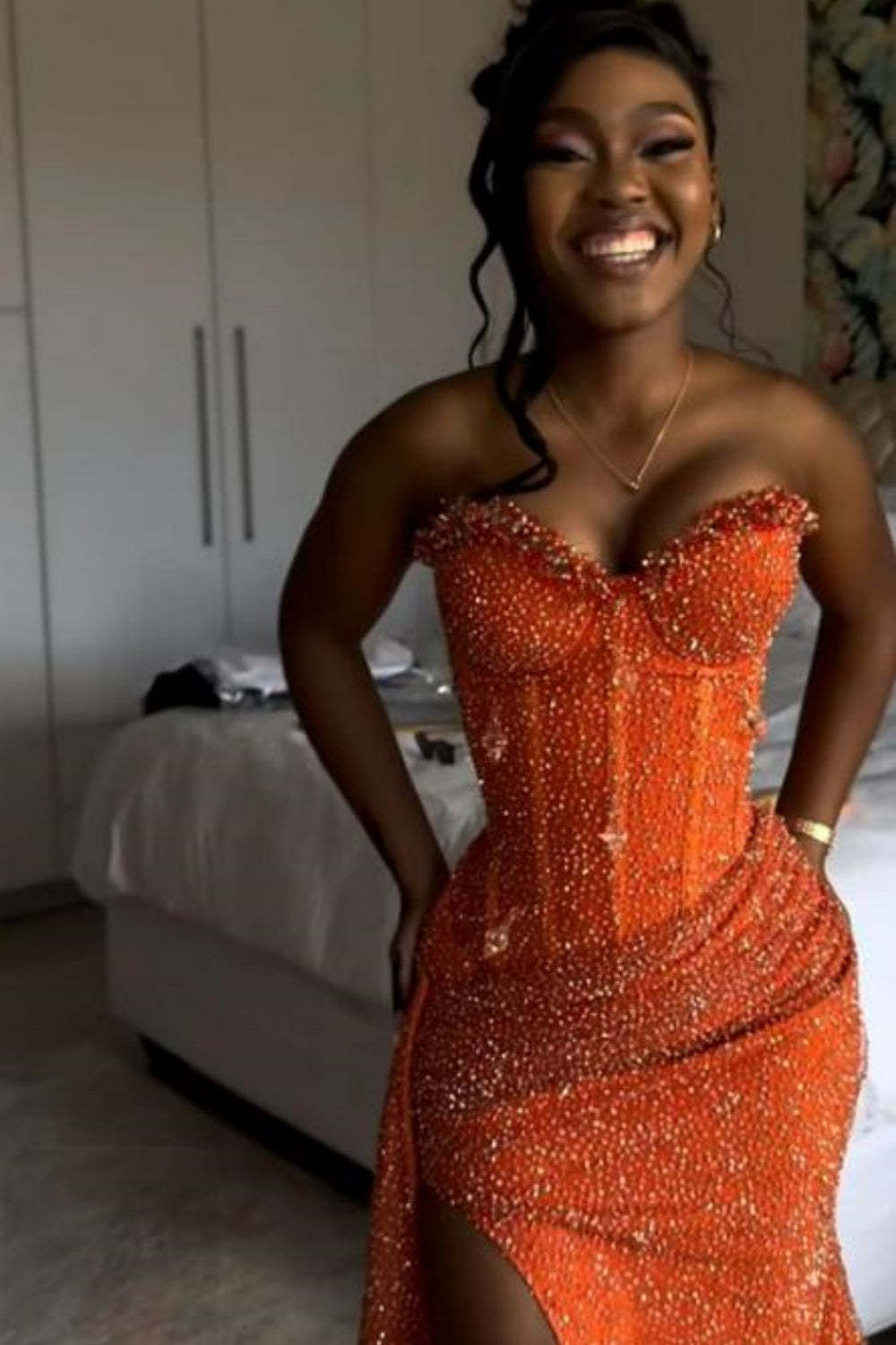 Cocosbride Orange Sweetheart Long Mermaid Prom Dress with High Slit