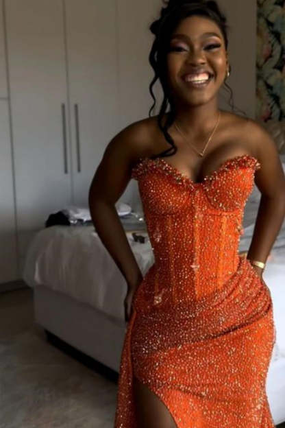 Cocosbride Orange Sweetheart Long Mermaid Prom Dress with High Slit