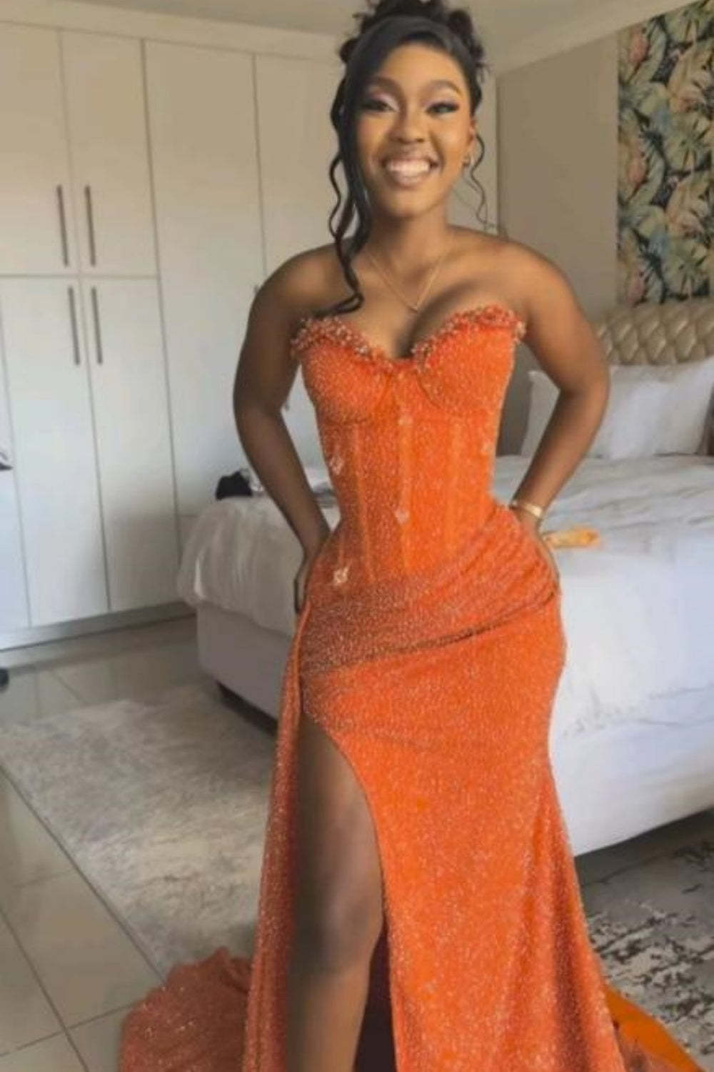 Cocosbride Orange Sweetheart Long Mermaid Prom Dress with High Slit