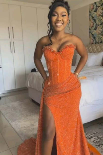 Cocosbride Orange Sweetheart Long Mermaid Prom Dress with High Slit
