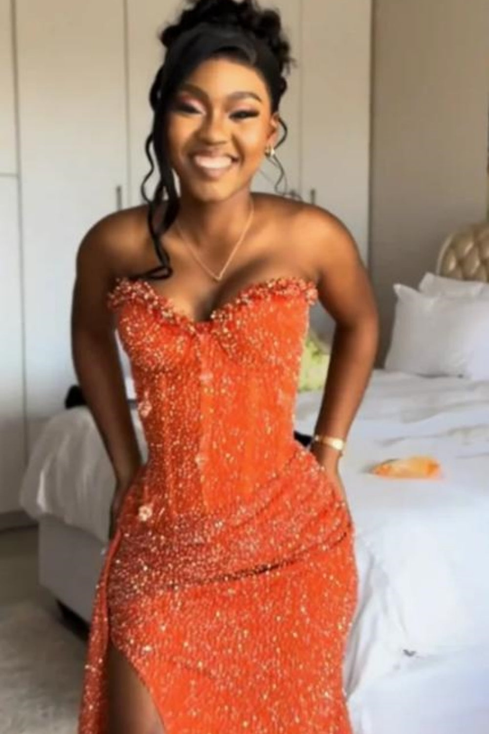 Cocosbride Orange Sweetheart Long Mermaid Prom Dress with High Slit