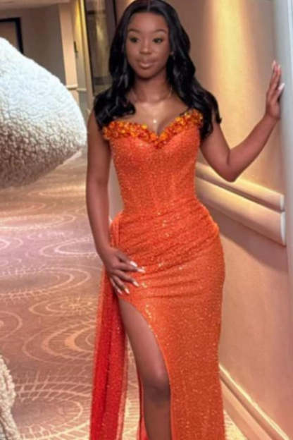 Cocosbride Orange Sweetheart Long Mermaid Prom Dress with High Slit