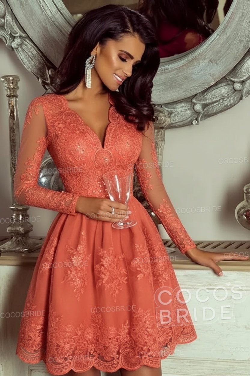Elegant Short A-line V-neck Tulle Lace Homecoming Dresses with Sleeves