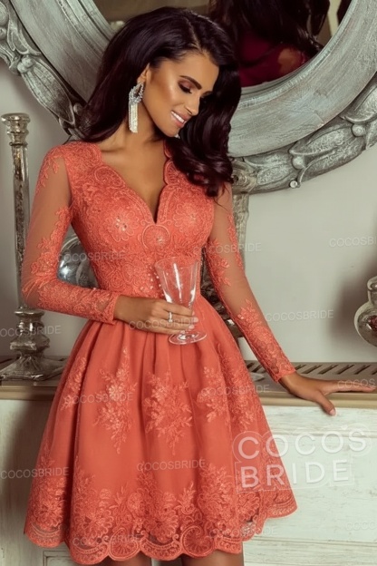 Elegant Short A-line V-neck Tulle Lace Homecoming Dresses with Sleeves