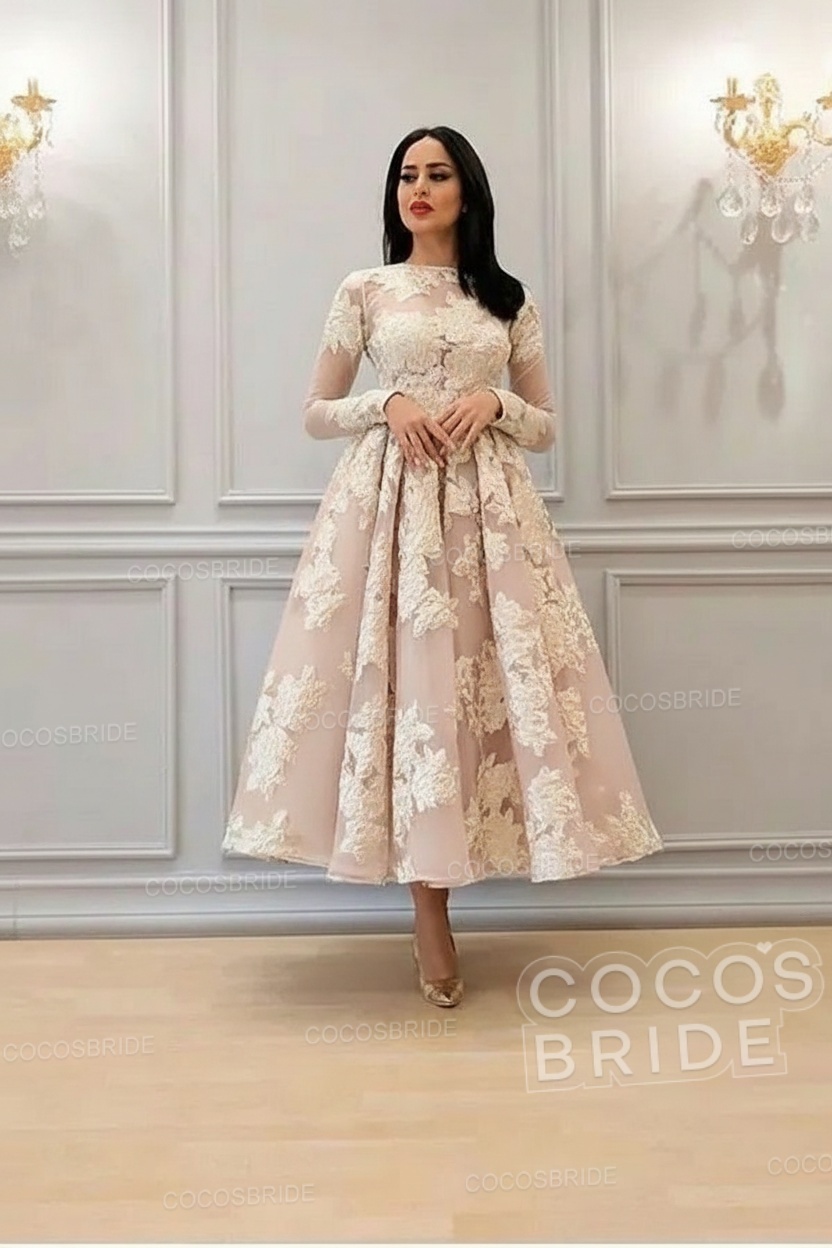 Elegant Short A-line High Neck Lace Ankle Length Formal Evening Dress with Sleeves