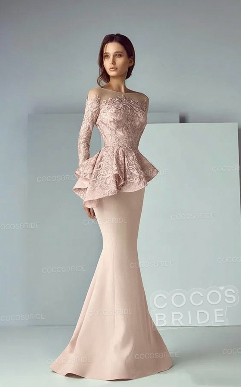 Modest Long Mermaid Lace Satin Formal Prom Dresses with Sleeves