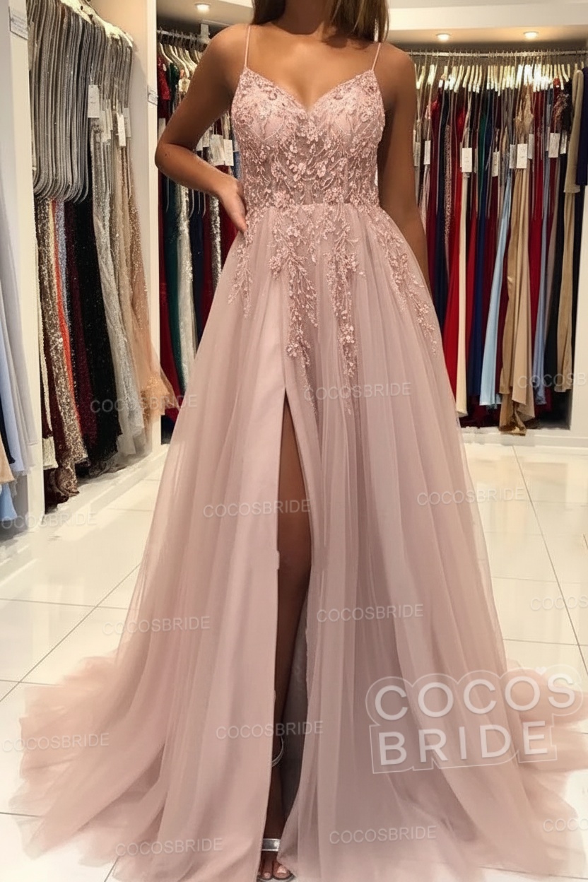 Long A-line V-neck Spaghetti Straps Open Back Prom Dress with Slit