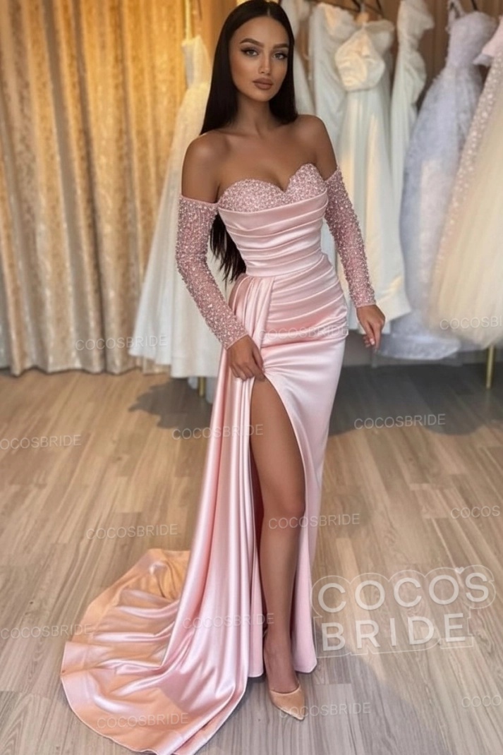 Long Mermaid Off the Shoulder Satin Front Slit Prom Dresses with Sleeves