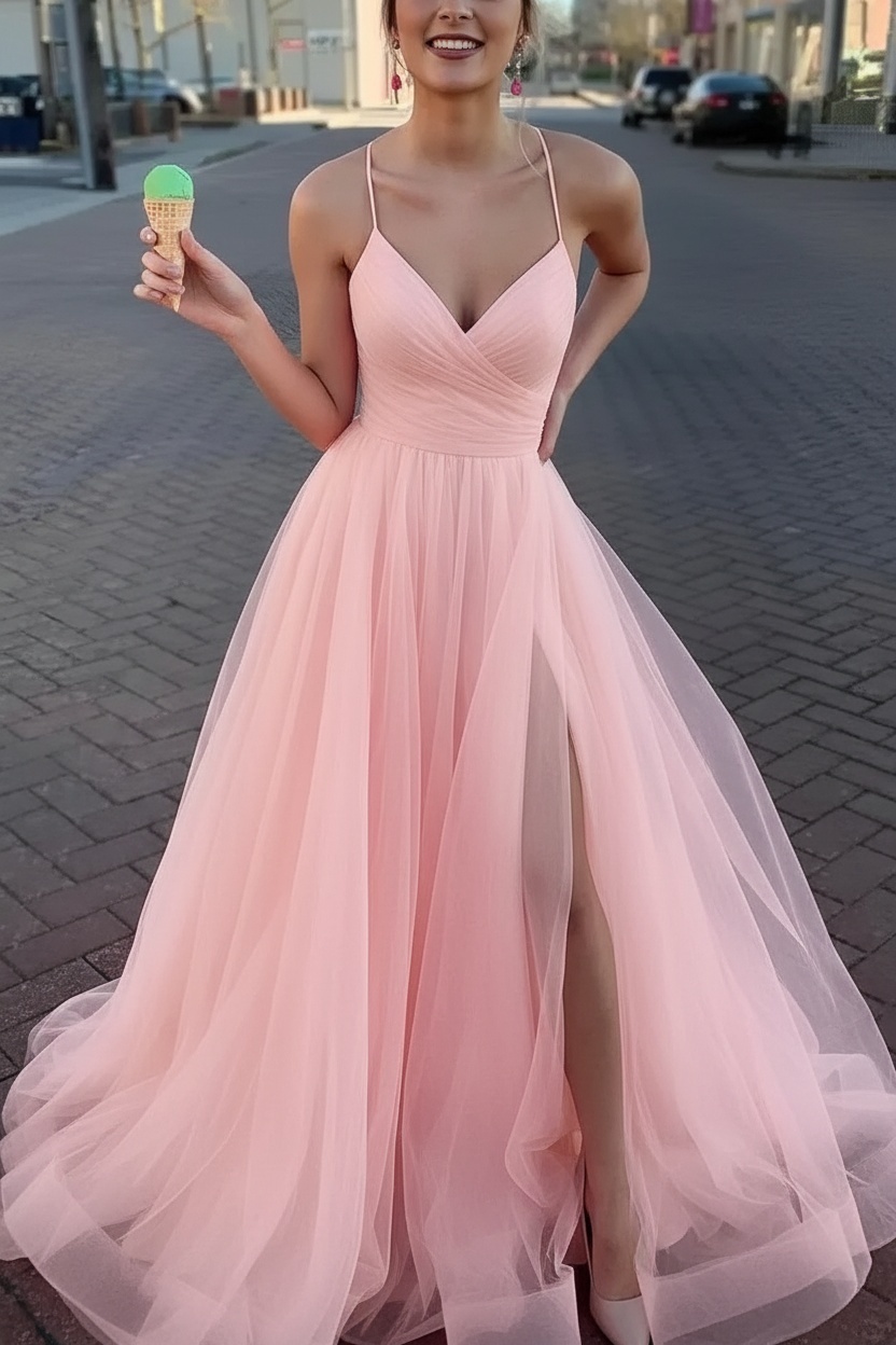 Long Spaghetti Straps V-neck A-Line Tulle Prom Dress With Side Slit