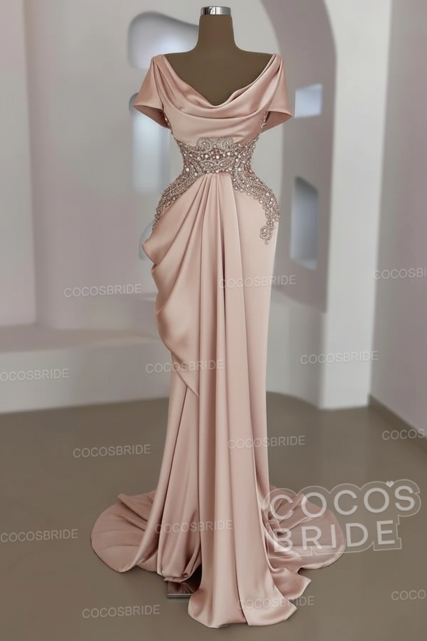 Mermaid Cowl Neck Satin Long Prom Dresses with Short Sleeves