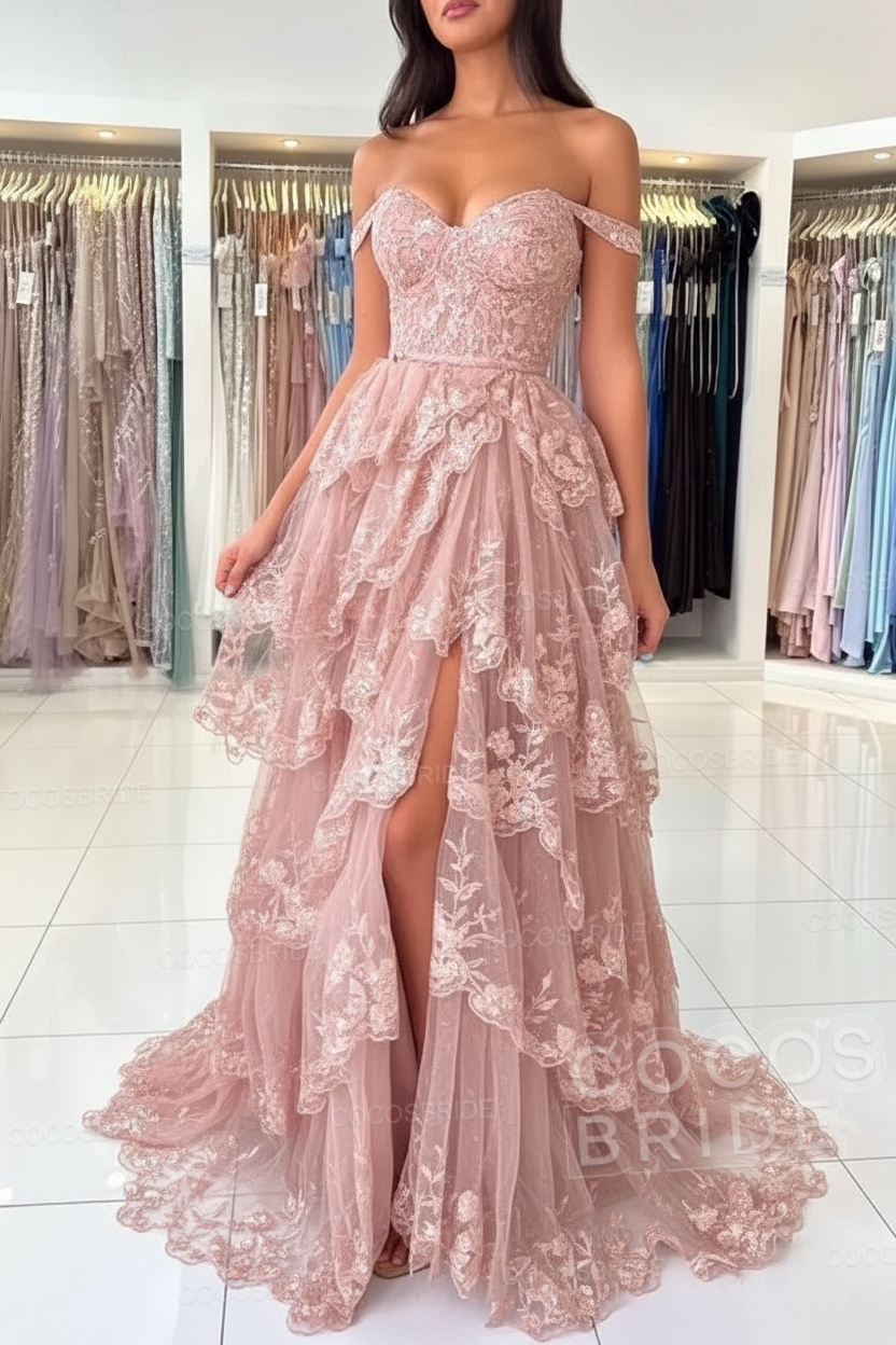 Off The Shoulder Sweetheart Lace A-Line Long Prom Dress with Slit