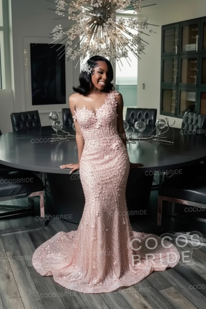 One Shoulder Sleeveless Mermaid Prom Dress with Beaded