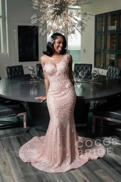 One Shoulder Sleeveless Mermaid Prom Dress with Beaded