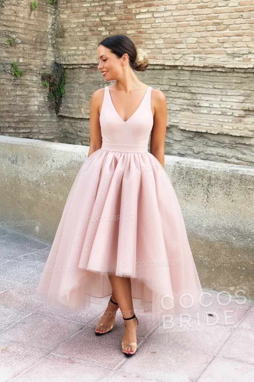 Simple Black V-neck Sleeveless Asymmetrical A-Line Prom Dresses