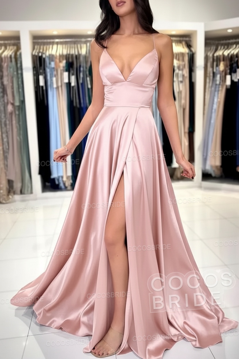 Simple Long A-line V-neck Satin Backless Formal Prom Dresses with Slit