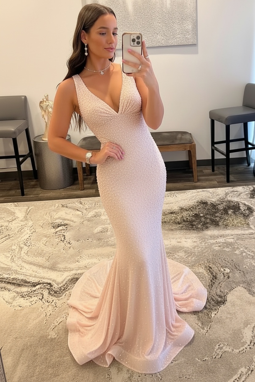 Orange Long Mermaid V neck Sequin Backless Prom Dress