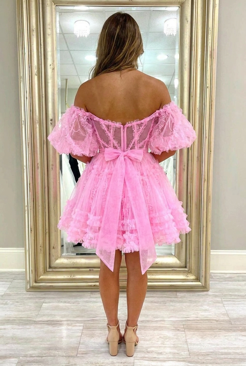Pink A-Line Off The Shoulder Short Homecoming Dress with Sleeves