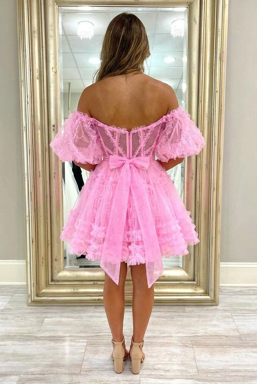 Pink A-Line Off The Shoulder Short Homecoming Dress with Sleeves