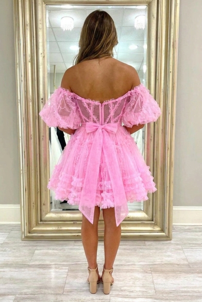 Pink A-Line Off The Shoulder Short Homecoming Dress with Sleeves