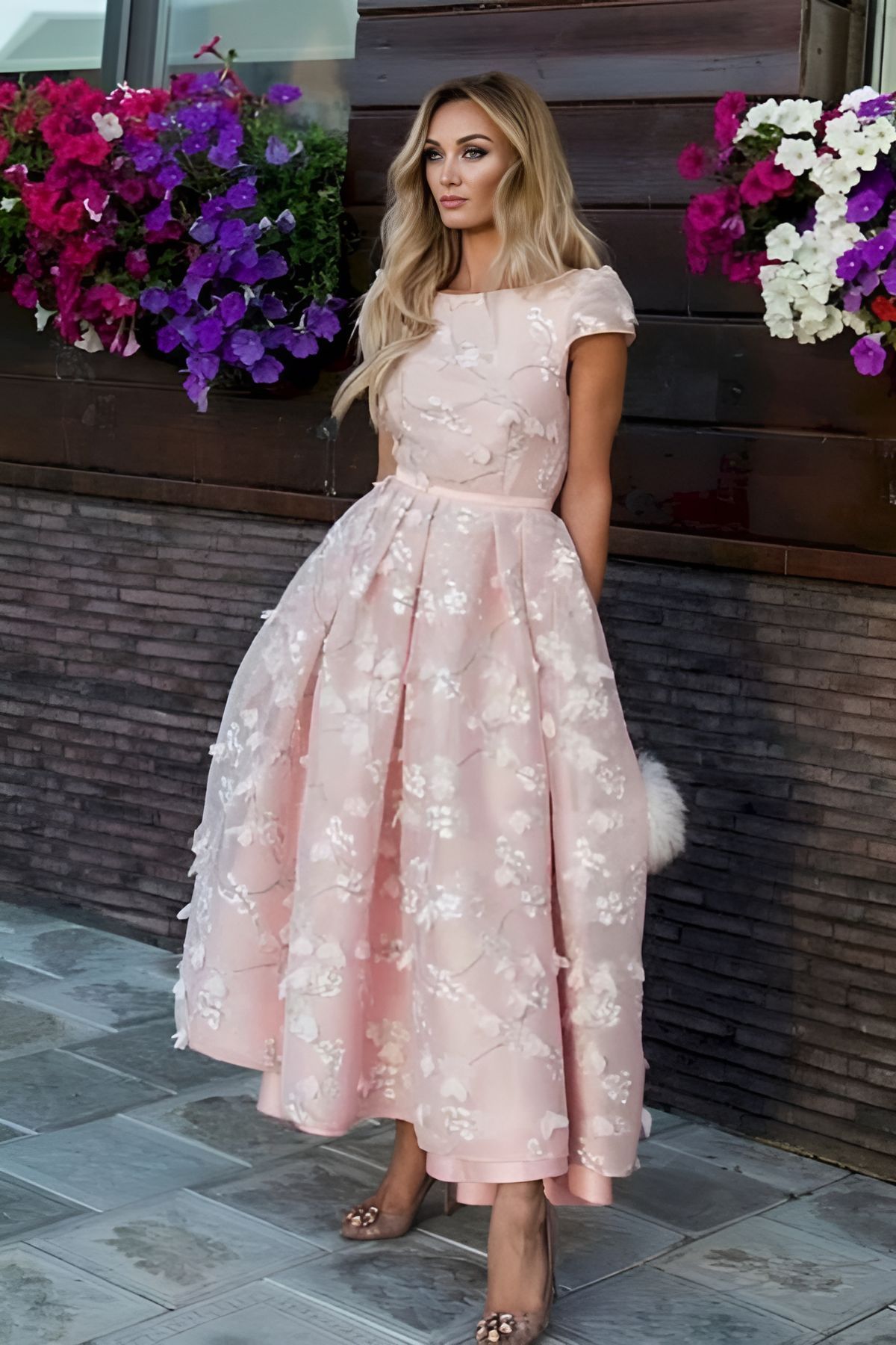 Pink Flowers Jewel A-Line Tea Length Prom Party Dresses