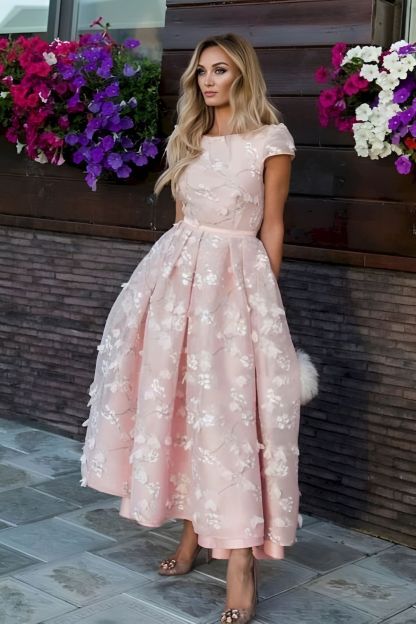 Pink Flowers Jewel A-Line Tea Length Prom Party Dresses