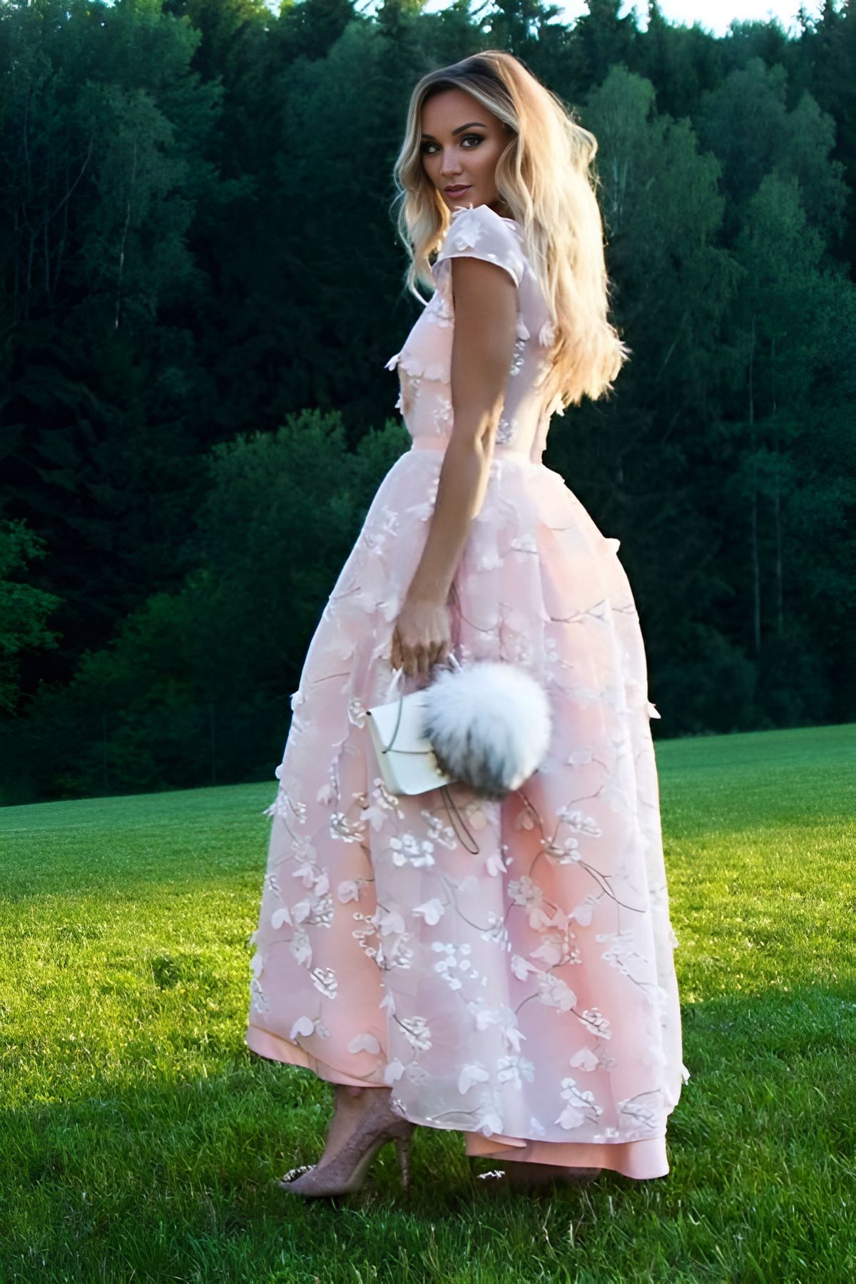 Pink Flowers Jewel A-Line Tea Length Prom Party Dresses