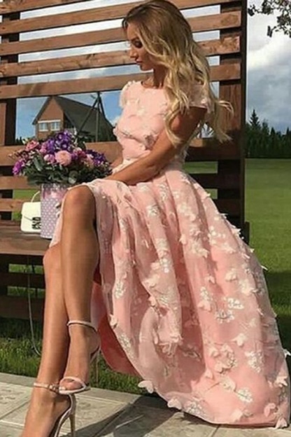 Pink Flowers Jewel A-Line Tea Length Prom Party Dresses