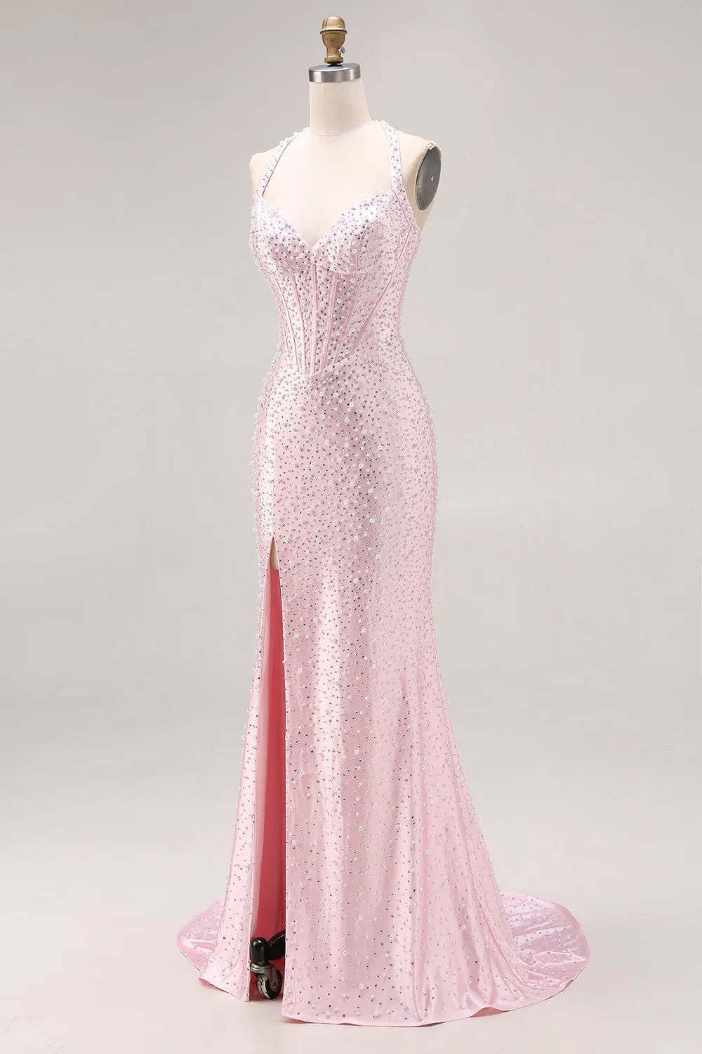 Cocosbride Pink Halter Sleeveless Sequined Mermaid Prom Dress with Slit