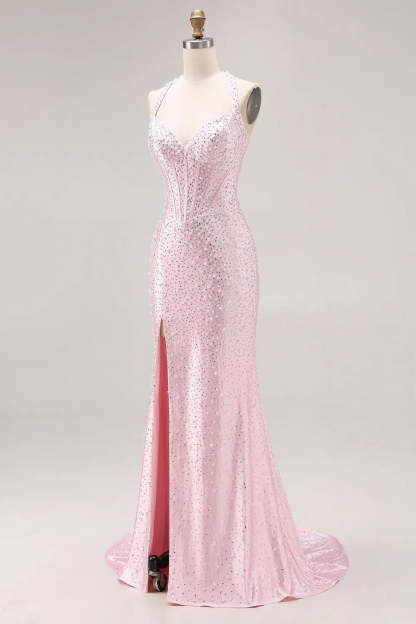 Cocosbride Pink Halter Sleeveless Sequined Mermaid Prom Dress with Slit