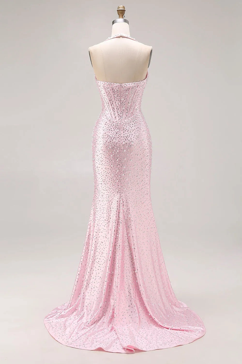 Cocosbride Pink Halter Sleeveless Sequined Mermaid Prom Dress with Slit