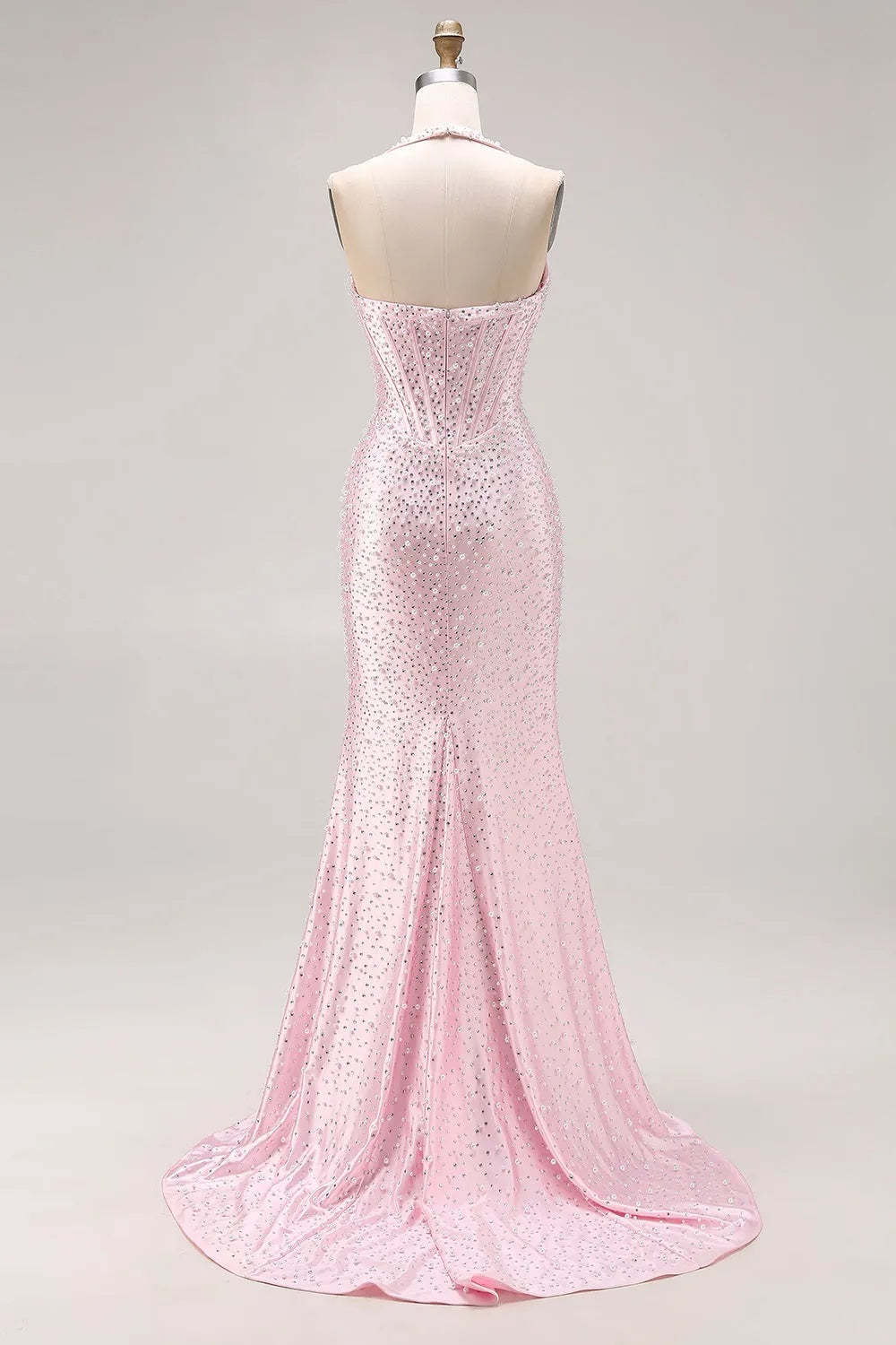 Cocosbride Pink Halter Sleeveless Sequined Mermaid Prom Dress with Slit