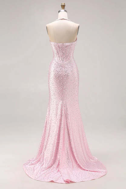 Cocosbride Pink Halter Sleeveless Sequined Mermaid Prom Dress with Slit