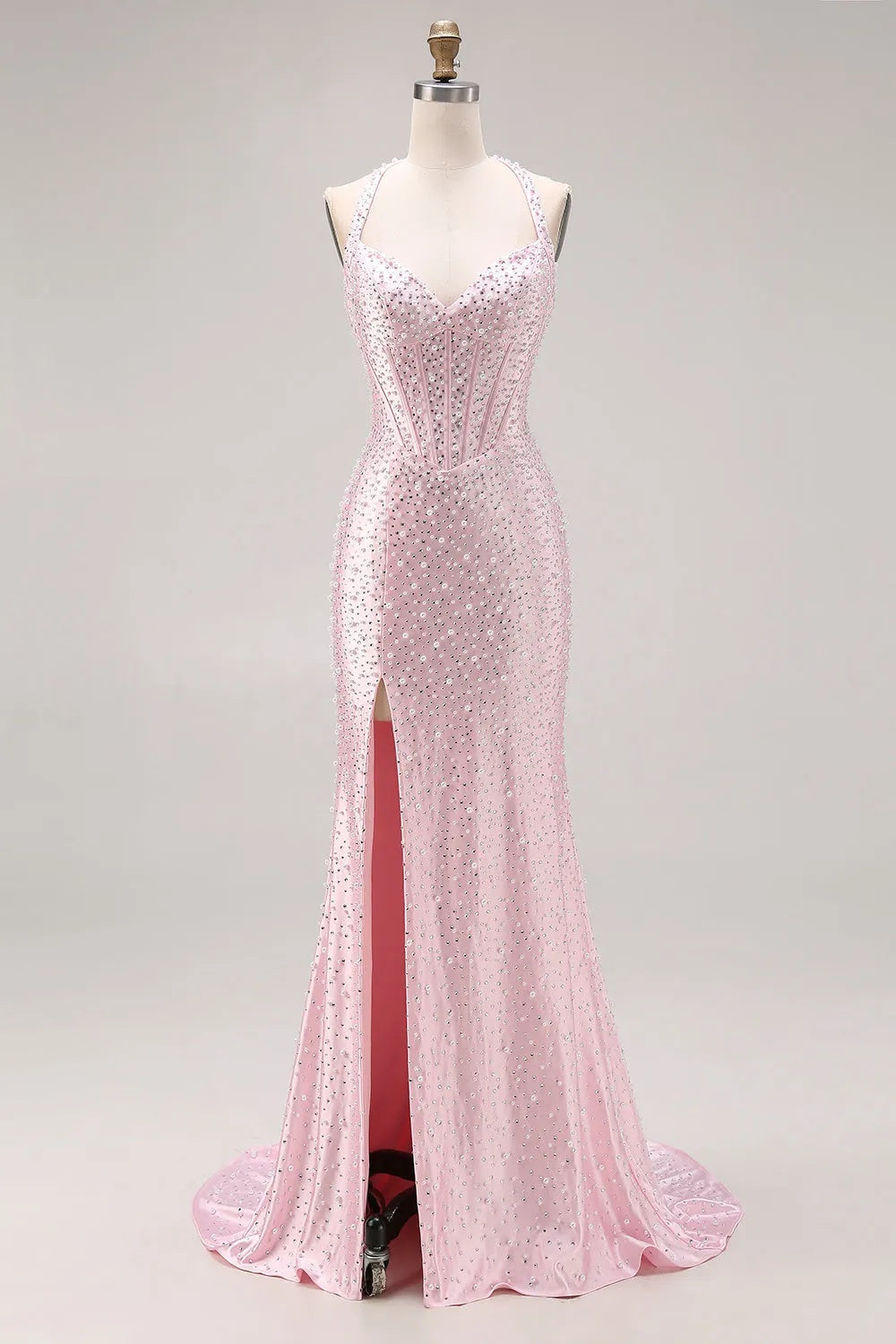 Cocosbride Pink Halter Sleeveless Sequined Mermaid Prom Dress with Slit