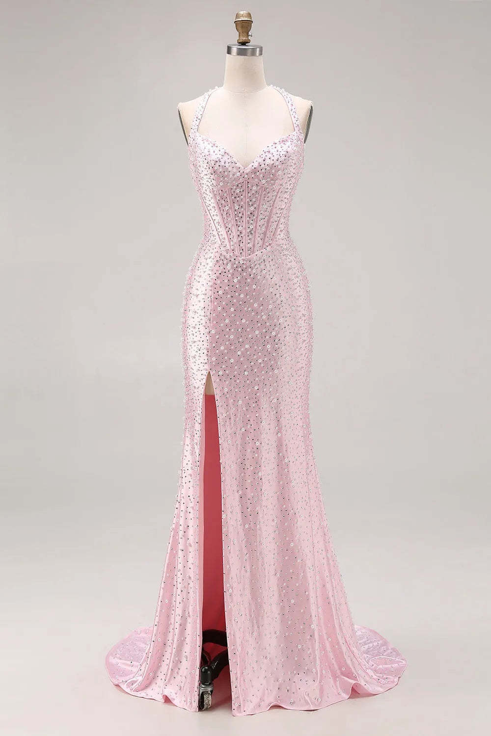 Cocosbride Pink Halter Sleeveless Sequined Mermaid Prom Dress with Slit