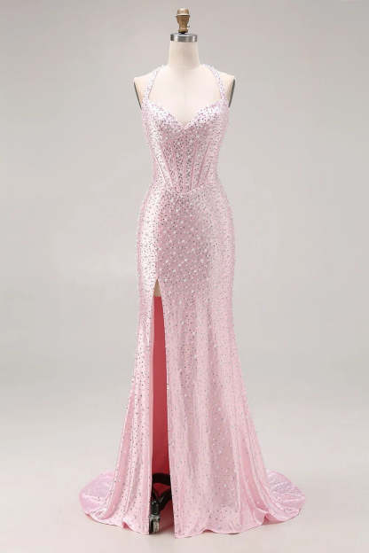 Cocosbride Pink Halter Sleeveless Sequined Mermaid Prom Dress with Slit