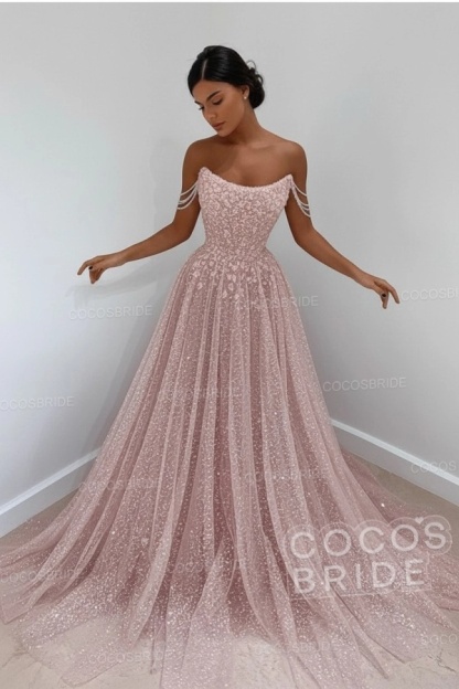 Long A-line Sparkly Sleeveless Sequined Formal Prom Dress