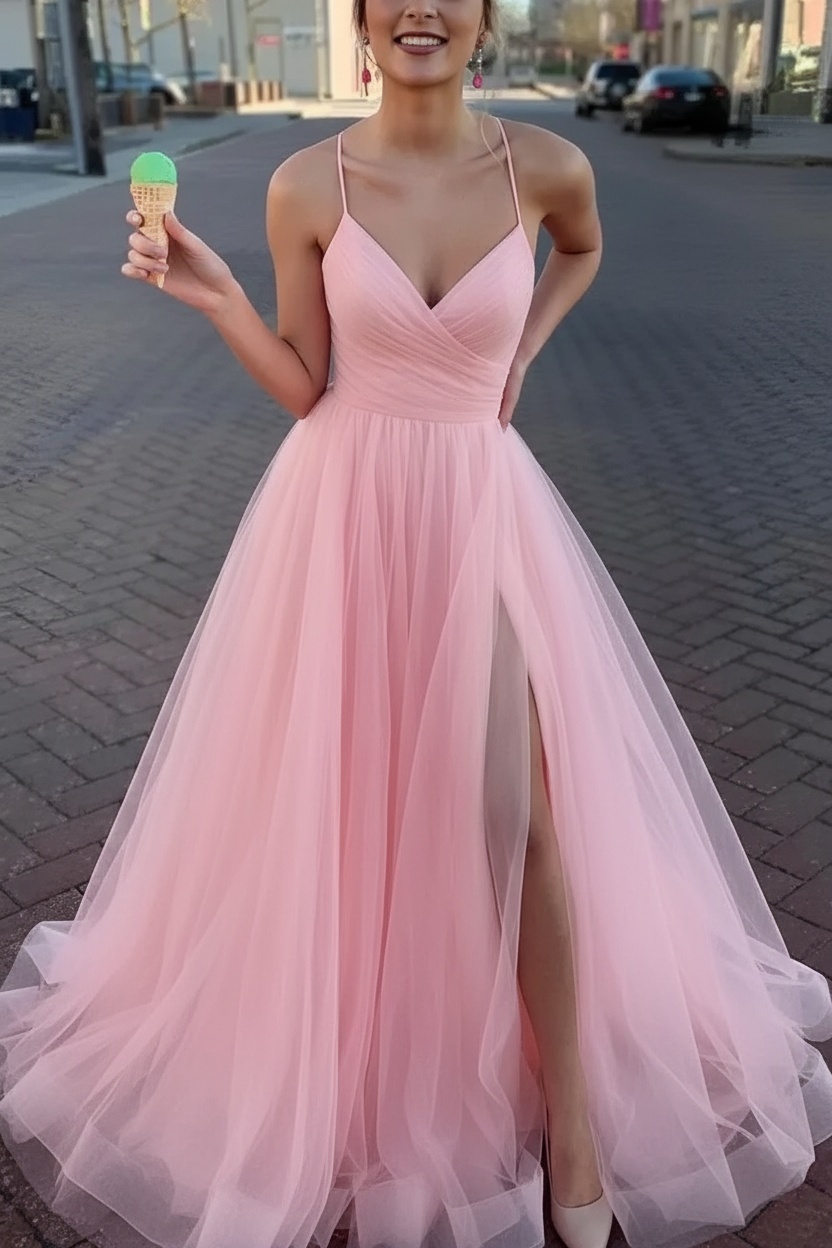 Long Spaghetti Straps V-neck A-Line Tulle Prom Dress With Side Slit