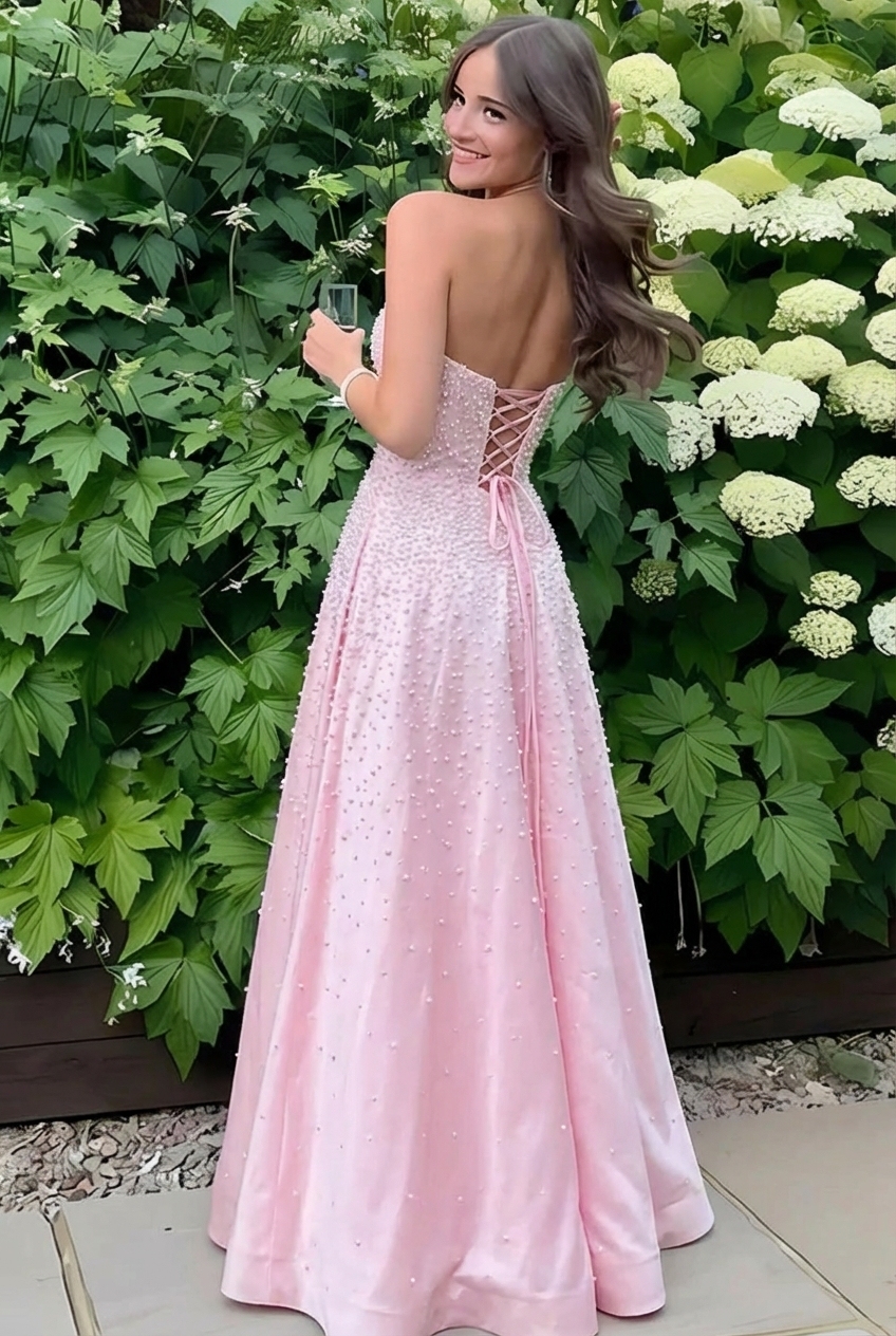 Pink Long Strapless Sleeveless A-line Pearled Prom Dress