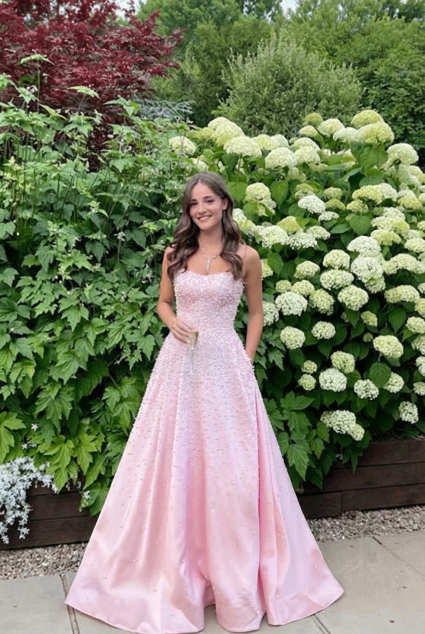 Pink Long Strapless Sleeveless A-line Pearled Prom Dress