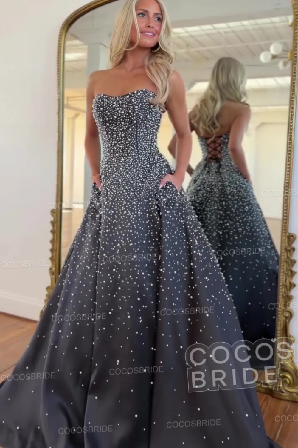 Pink Strapless Sleeveless A-line Long Pearled Prom Dress