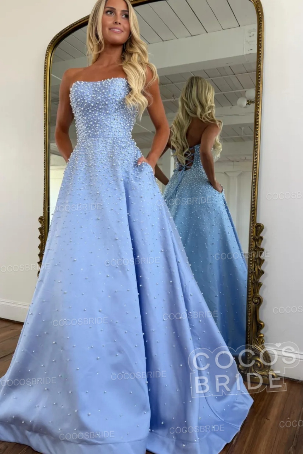 Pink Strapless Sleeveless A-line Long Pearled Prom Dress