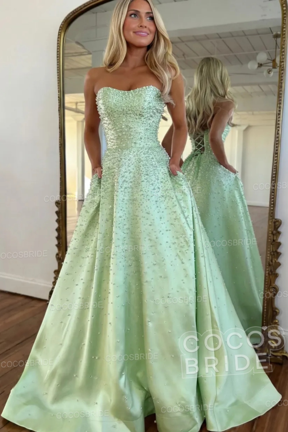 Pink Strapless Sleeveless A-line Long Pearled Prom Dress