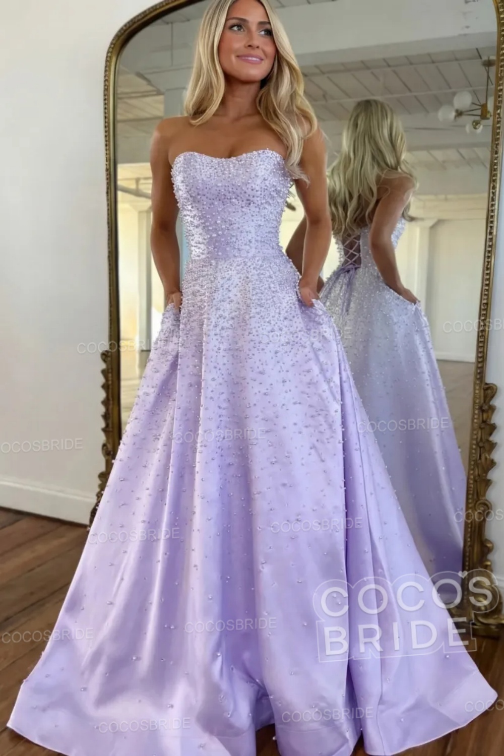Pink Strapless Sleeveless A-line Long Pearled Prom Dress