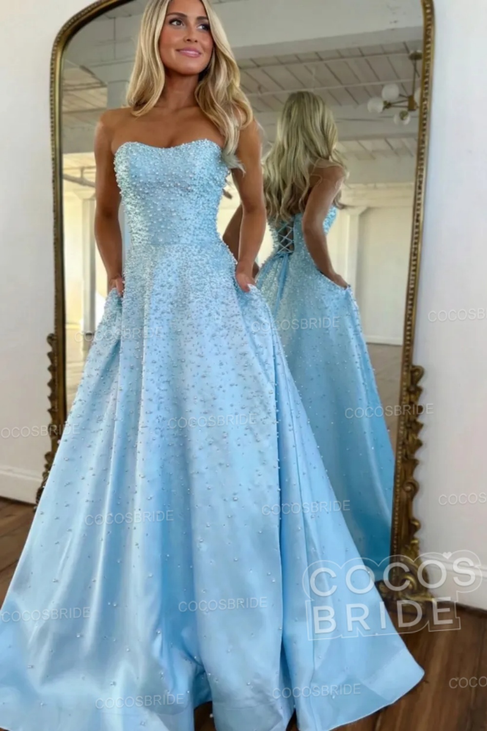 Pink Strapless Sleeveless A-line Long Pearled Prom Dress