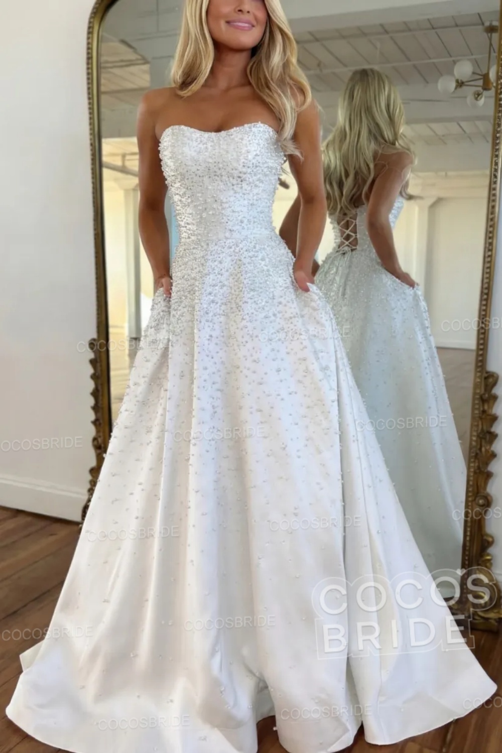 Pink Strapless Sleeveless A-line Long Pearled Prom Dress