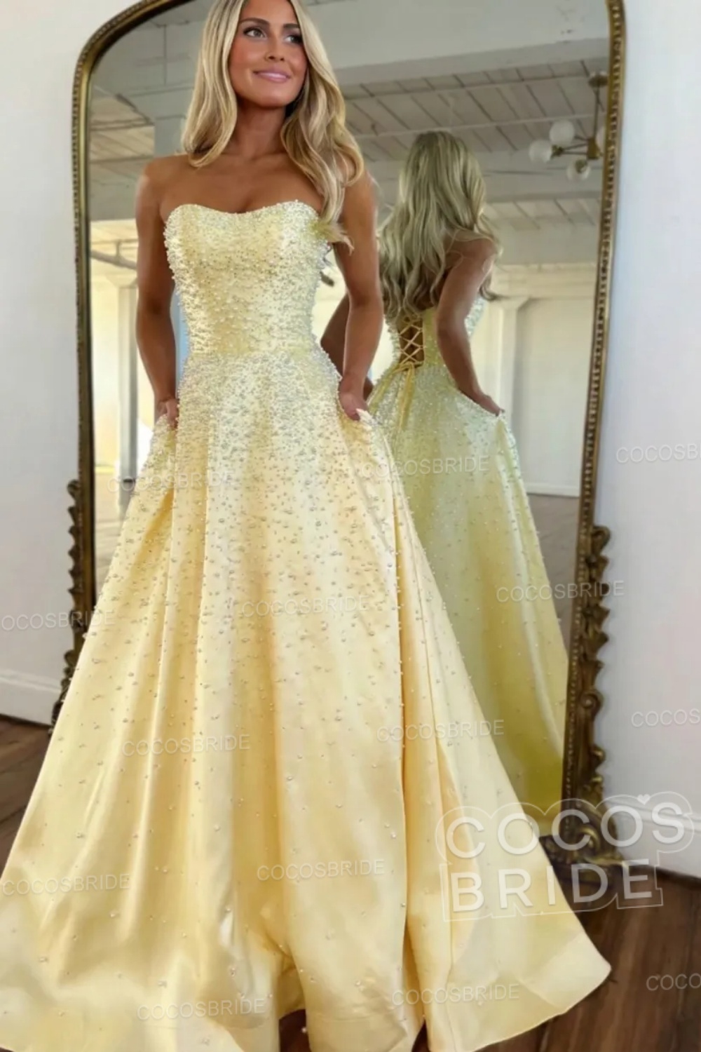 Pink Strapless Sleeveless A-line Long Pearled Prom Dress