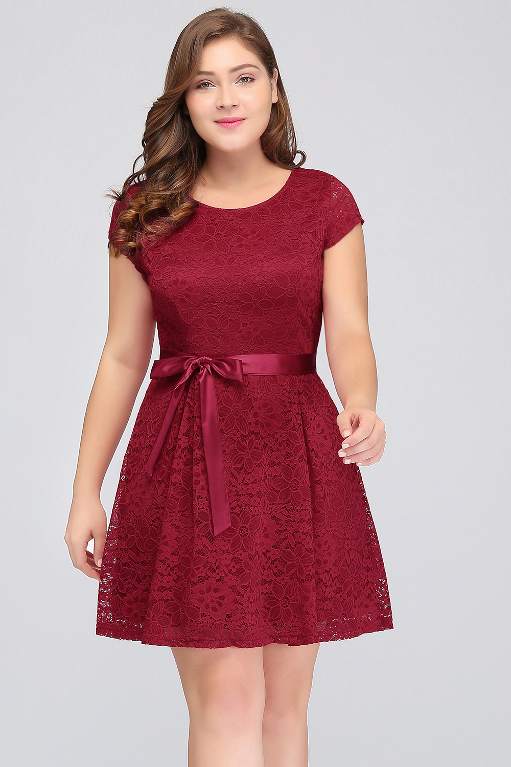 Plus Size Bateau Short Sleeve A-line Lace Short Prom Dress With Bowknot