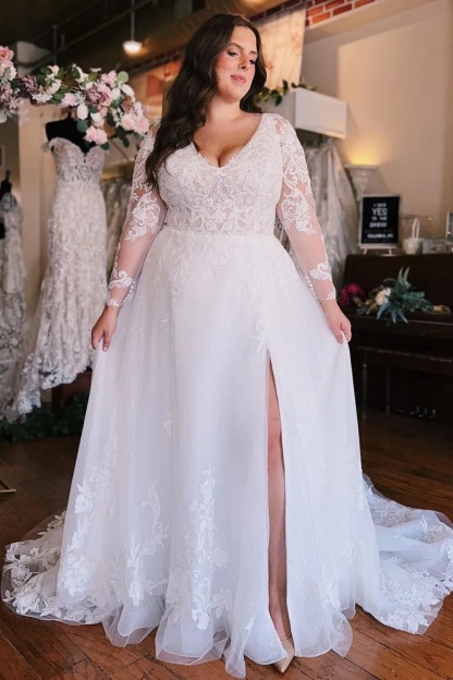 Plus Size Long A-Line V-neck Chiffon Lace Spilt Front Wedding Dress with Sleeves